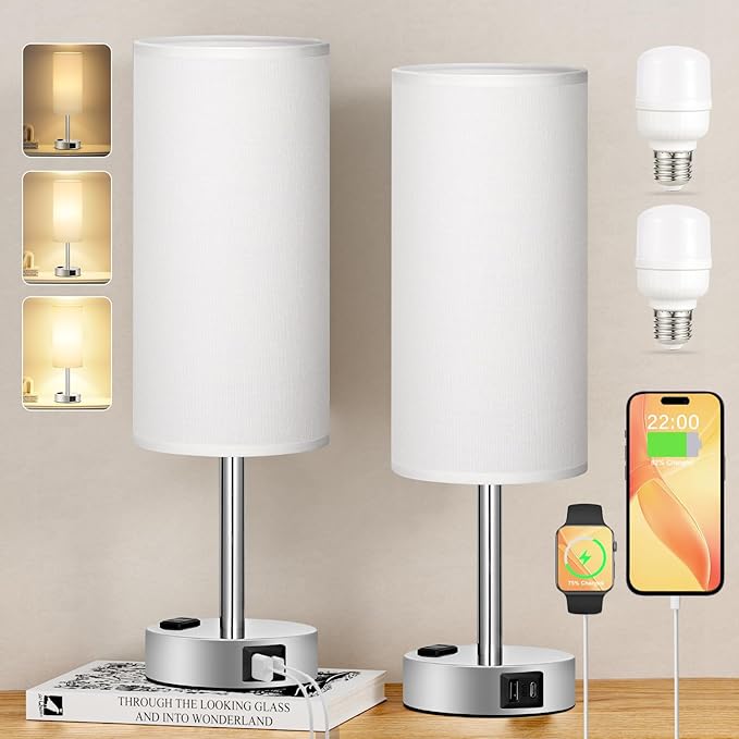 PartageiZ White Touch Nightstand Lamps Set - 3 Way Dimmable Bedside Table Lamp for Bedroom with USB Ports, Small Lamps with AC Outlet for Girls Dorm Nursery, Silver Base