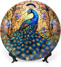 Decorative Plates, Stained Glass Design Peacock & Flower Ceramic Dinner Plate Home Wobble-Plate with Display Stand, Wall Hanging Decor for Kitchen Household 10 Inch, Gifts for Peacocks Lover