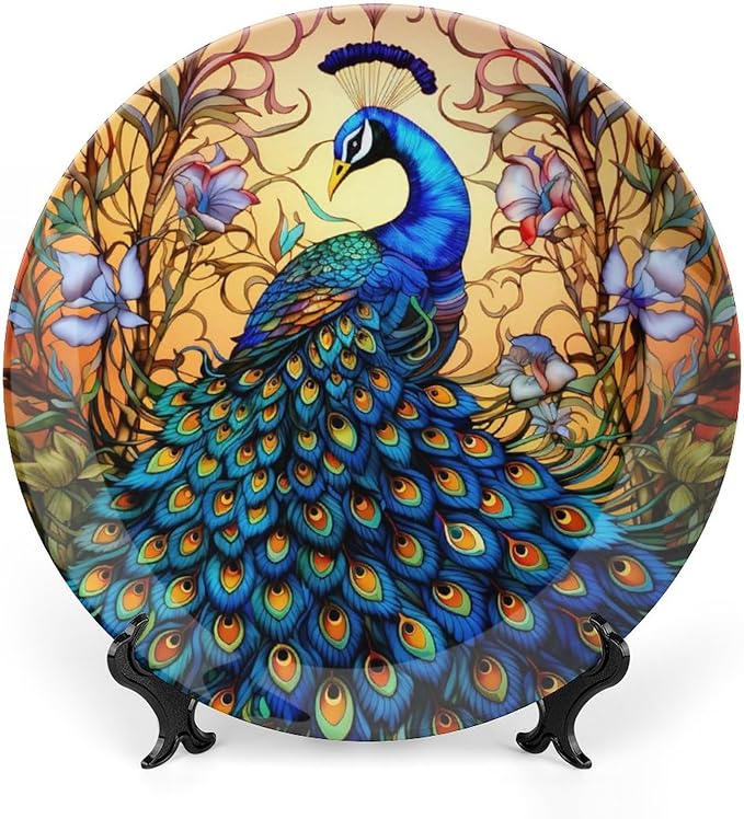 Decorative Plates, Stained Glass Design Peacock & Flower Ceramic Dinner Plate Home Wobble-Plate with Display Stand, Wall Hanging Decor for Kitchen Household 10 Inch, Gifts for Peacocks Lover