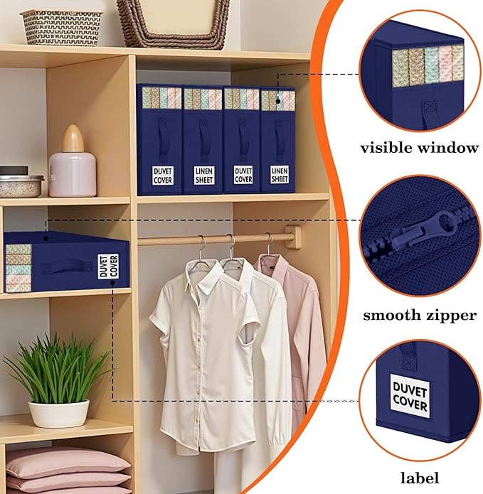 WOWBOX Sheet Organizers and Storage,Closet Bed Sheet Organizer Under Bed Storage and Organization with Label Cards & Clear Window for Bedding Sheets,Duvet Covers,Blankets (10 Pack，Blue)