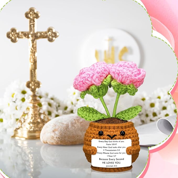 Wavwavw Christian Gift for Women Positive Handmade Crochet Doll with Bible Verse Prayer Card Inspirational Scripture Religious Crochet for Christmas Sunday Group Church(Rose Flower)