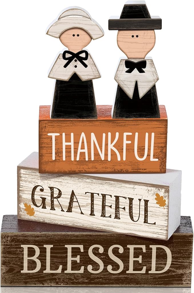 Lineshading 4 Pcs Fall Table Decoration Wooden Pilgrim Couple Decor Thanksgiving Tiered Tray Decor Fall Centerpiece Rustic Decorative Pilgrim Block Signs Gift Farmhouse for Home Kitchen Shelf