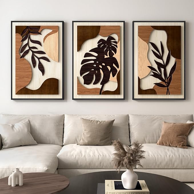 Framed 3D Wood Wall Art Decor for Living Room, 3 Piece Large Boho Tropical Textured Artwork for Walls, Botanical Wooden Wall Art for Dining Room Hallway Bedroom, 24x36 Inch