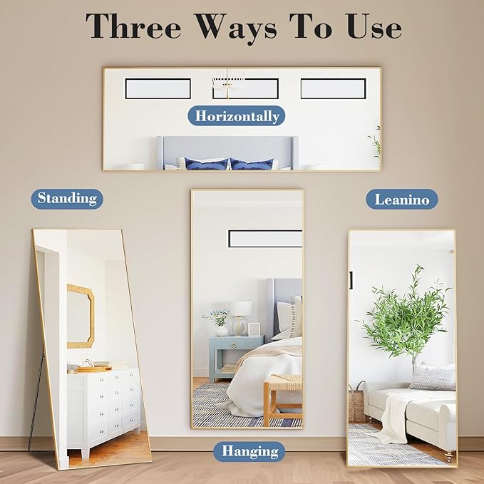 DUMOS 19"x58" Full Length Mirror with Stand, Floor Standing Aluminum Frame, Shatter-Proof Nano Glass for Bedroom, Living Room, Cloakroom – Modern Simple Home Decor,Can Be Hanging or Leaning, Gold