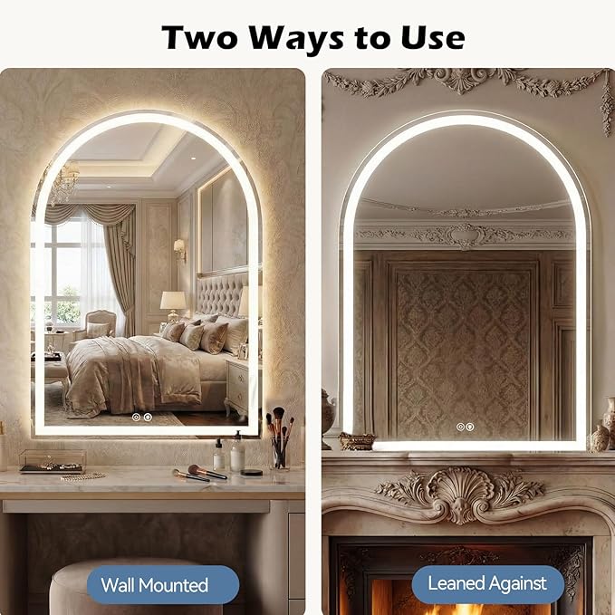 Sweetcrispy 24“x 36” LED Bathroom Backlit Mirror with Lights, Arched Vanity Mirrors with Anti-Fog, Dimmable, 3-Color Light, Memory Function, Tempered Glass