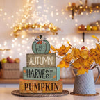 Lineshading 4 Pcs Fall Table Decoration for Home Wooden Pumpkin Decor Thanksgiving Tiered Tray Decor Rustic Neutral Pumpkin Stacked Block Autumn Centerpiece Decoration for Harvest Home Kitchen
