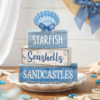 Moucuny 4 Pcs Nautical Beach Decor Shell Tiered Tray Decoration Blue Bow Table Centerpieces Summer Rustic Decorative Block Signs Gift Farmhouse Table Sign for Home Kitchen Shelf