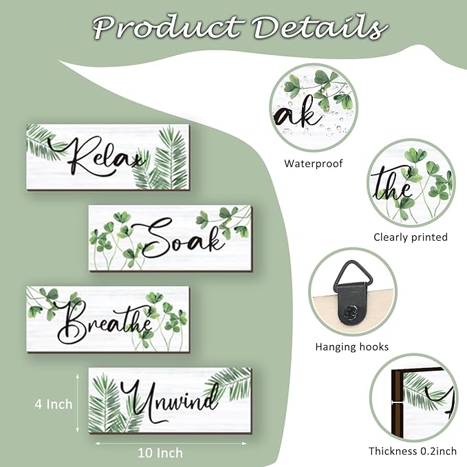4 Pcs Farmhouse Bathroom Wall Decors Relax Soak Unwind Breathe Wooden Word Sign Green Hanging Wall Art Rustic Office Wall Decor for Bedroom Living Room Vintage Decorations(Green Leaves 10X4 Inch)