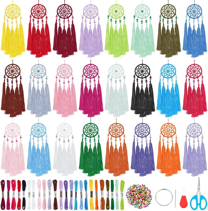INFUNLY 24pcs DIY Small Dream Catcher Kits for Beginners Multicolored Dream Catcher Kit with Instruction Handmade Mini Dreamcatcher Making Kit for Bag Pendant Car Mirror Charm Bedroom Decor Craft Gift