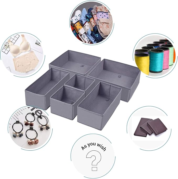 homyfort Dresser Drawer Organizer, Foldable Cloth Storage Box Closet Cube Basket Bins Containers Divider with Drawers for Underwear, Bras, Socks, Ties, Scarves, Set of 6, Grey