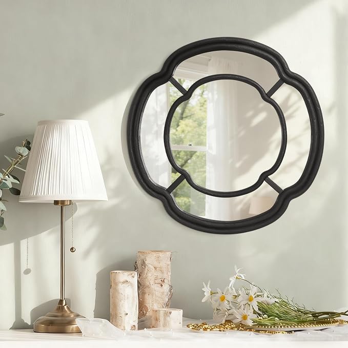 Black Wall Mounted Mirror, Irregular Circle Hanging Mirror Wooden Wavy Framed Round Decorative Mirrors for Hallway Entryway Vanity Decor 20 Inch Mirrors