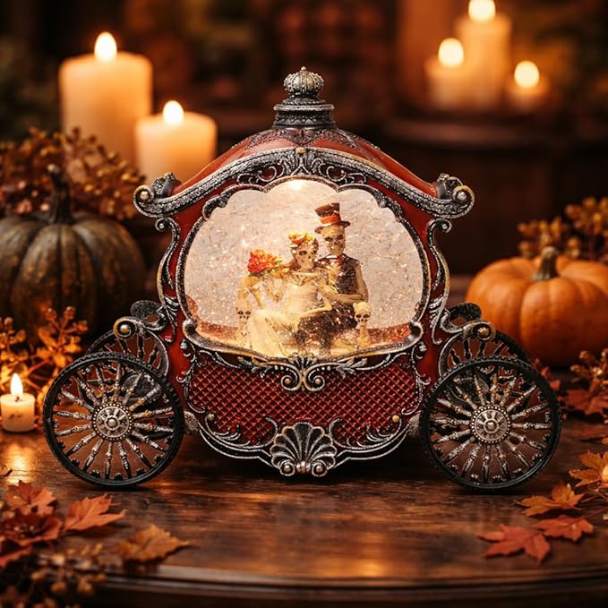 Midnight Manor Halloween Water Globe Carriage LED Lighted Snow Globe Lamp Spooky Wedding Skeleton Decor Acrylic Glitter Water Lantern Battery Operated Fall Indoor Decoration