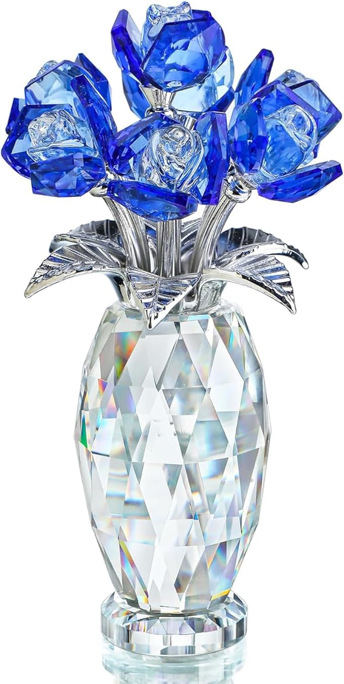 H&D HYALINE & DORA Blue Crystal Rose Flower Paperweight,Glass Flower Gifts for Women Girl Wife,Crystal Flowers Bouquet Collectible for Christmas Day Wedding Anniversary