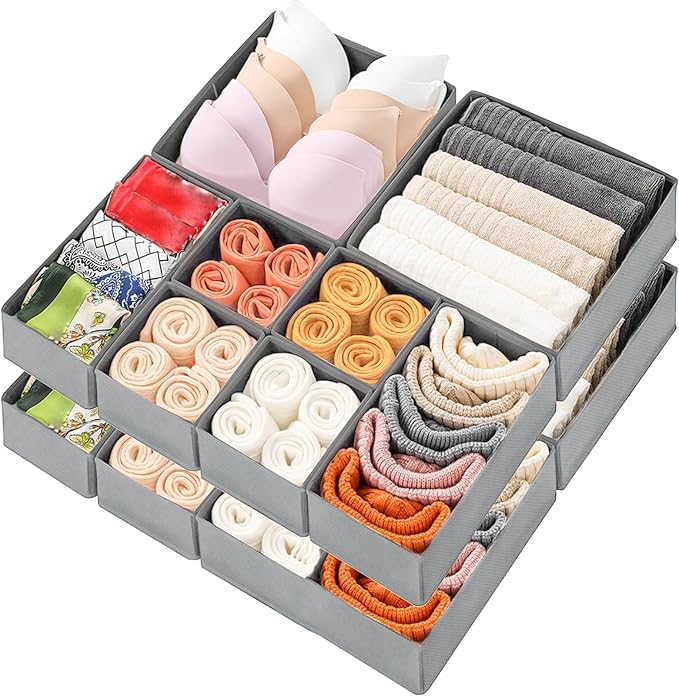 Drawer Organizer Clothes 12 Pack Clothes Organizer Dresser Drawer Organizers for Socks Underwears Bras Foldable Closet Organizers and Storage Fabric Storage Dividers for Nursery Bedroom, Gray