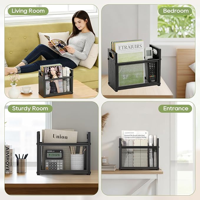 Magazine Rack & Holder, Mesh Magazine Rack Floor, Multi-Purpose Storage Organizer for Magazines, Books, Newspapers, Mail, Tablets | Magazines Storage Basket for Home, Office, Bathroom, Black Walnut