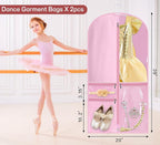 KIMBORA Costume Dance Garment Bag with 3 Clear Zipper Pockets for Suits Dress Cover, Travel Storage & Competitions, Set of 2 (Pink)