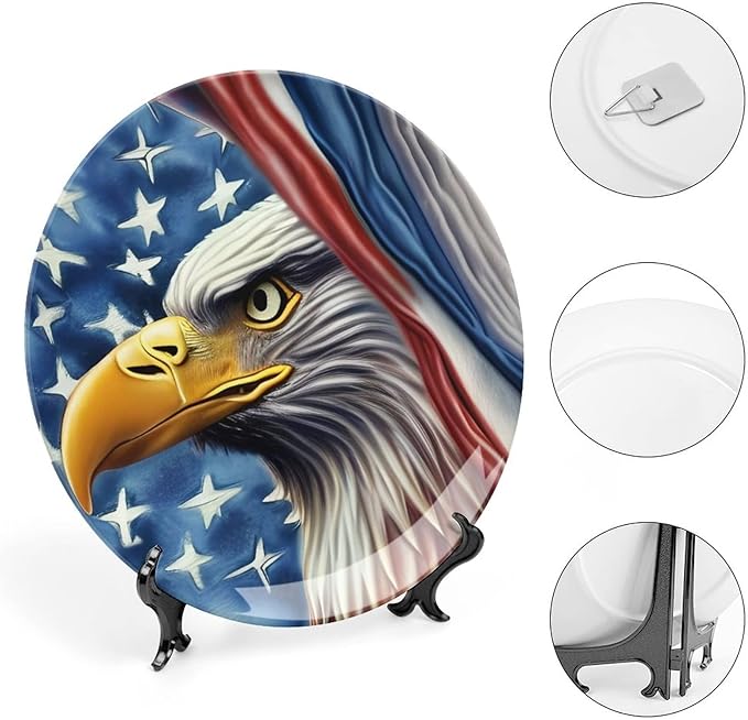 Decorative Plates for Home Decor, Eagle and American Flag Patriotic Decor Tray for Table Display, Ceramic Dinner Plate w/Stand, Living Room Dining Room Decor, Housewarming Gifts, 10 Inch