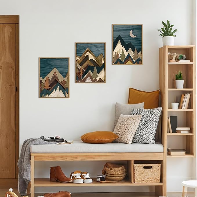 BINCUE Boho Mountain Wall Art Framed Landscape Wall Decor Modern Nature Artwork Mountains Wall Pictures Moon Art Landscape Paintings Rustic Prints for Farmhouse Bedroom Living Room Office 12x16 Inch 3 Piece