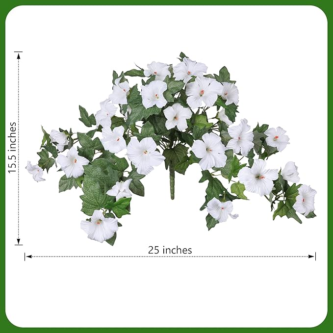 HyeFlora Artificial Flowers for Outdoors 2PCS Spring Faux Morning Glory Look Real Silk Flowers for Outside Planter UV Resistant Fake Flowers for Home Garden Balcony Yard Porch Deco (White)