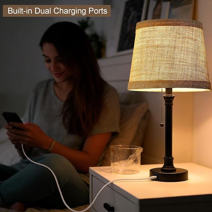 Oneach 19.5" Small Table Lamp with USB A+C Charging Ports, Black Modern Rustic Bedside Lamp with Natural Shade, Black Metal Pull Chain Desk Lamps for Living Room, Bedroom, Nightstand