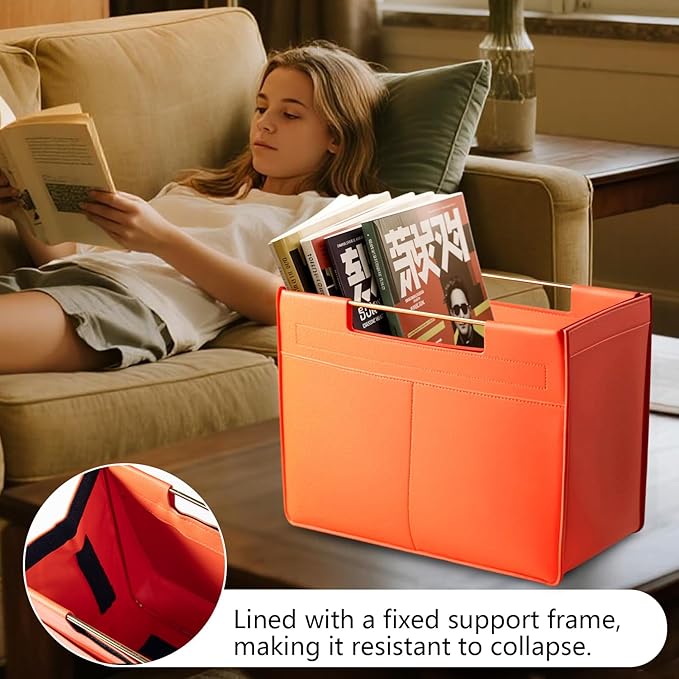 Leather Magazine Holder Foldable with Handles，Stable Magazine Rack Floor，Magazine Basket File Holder Storage，Document File Folder Organizer Free Standing for Office Living Room (orange)