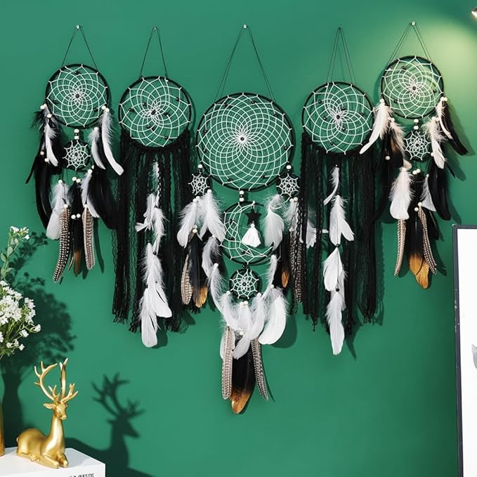 5 Pack Dream Catchers Boho Wall Decor Moon and Sun Feather Handmade Traditional Dream Catcher Wall Hanging Decor for Bedroom Living Room Home Halloween Decorations Witchy Gifts (Black Set)