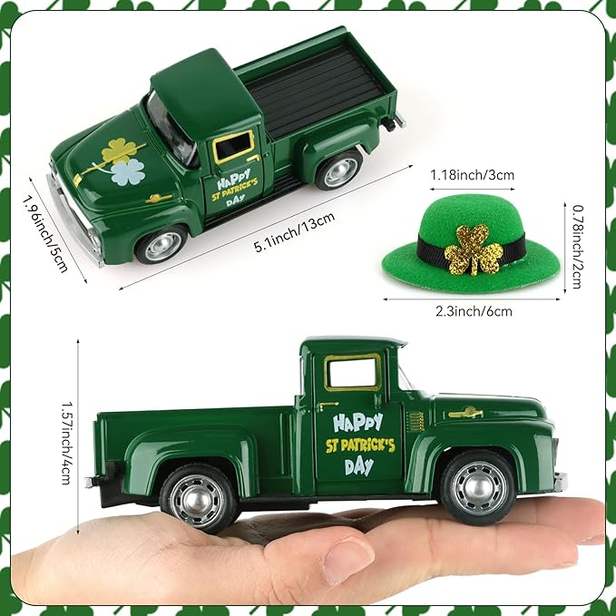 Four Leaf Grasses Metal Truck with Green Hat St Patrick’s Day Decorations Farmhouse Vintage Green Metal Truck Decor, Irish Party Decorations Vintage Collectible Car for Desk Bookshelf