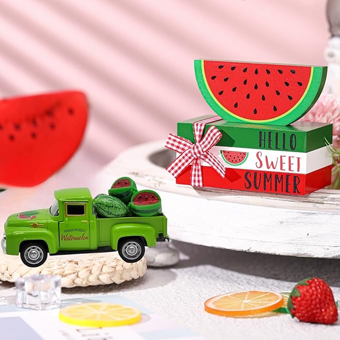 Watermelon Decor Mini Vintage Green Metal Pickup Truck with 6 Realistic Resin Mini Watermelons, Rustic Farmhouse Tiered Tray Decor for Kitchen Table, Happy Summer Party Home Decoration