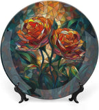 Stained Glass Theme Decorative Ceramic Plate Round Porcelain Plate,8 inch,Roses Pattern,for Decorative Ornaments Giving Plates, 1 Plate with 1 Display Stand,Green Red Orange