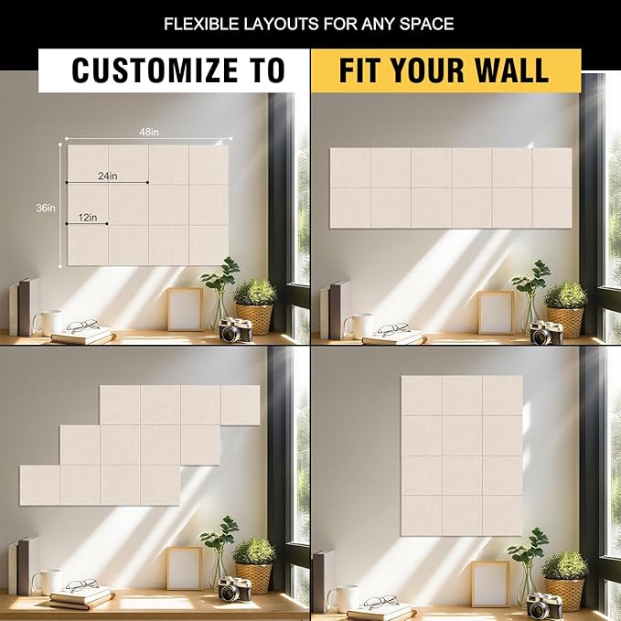 TSJOFFICE Large Cork Board for Wall - 48" x 36" Bulletin Board with 50 Pushpins for Office Decor, Pin Board 12 Pack Felt Wall Tiles with Safe Removable Adhesive Tabs, Corkboard for Home - Oatmeal