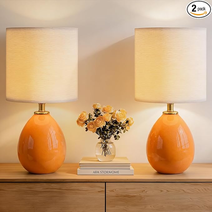 Dawnwake 18.5" Table Lamp Set of 2 for Living Room Bedroom, Bedside Lamps for Night Stands, Desk Nightstand Lamp Dimmable, Modern Linen Cream Ceramic Lamps (Orange)