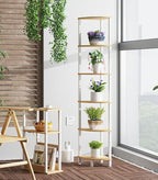 Corner Shelf, 6-Tier Corner Bookshelf, Industrial Corner Ladder Shelf, DIY Storage Shelves, Rustic Display Shelf for Living Room, Bedroom, Kitchen, Home Office, White and Nature Wood Color UJSJ004Q