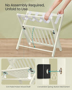 SONGMICS Solid Wood Luggage Racks, Set of 2, No Assembly Required, Foldable Suitcase Stand, Luggage Holder, with Storage Shelf, for Guest Room, Hotel, Bedroom, Cream White URLR021WZ02S
