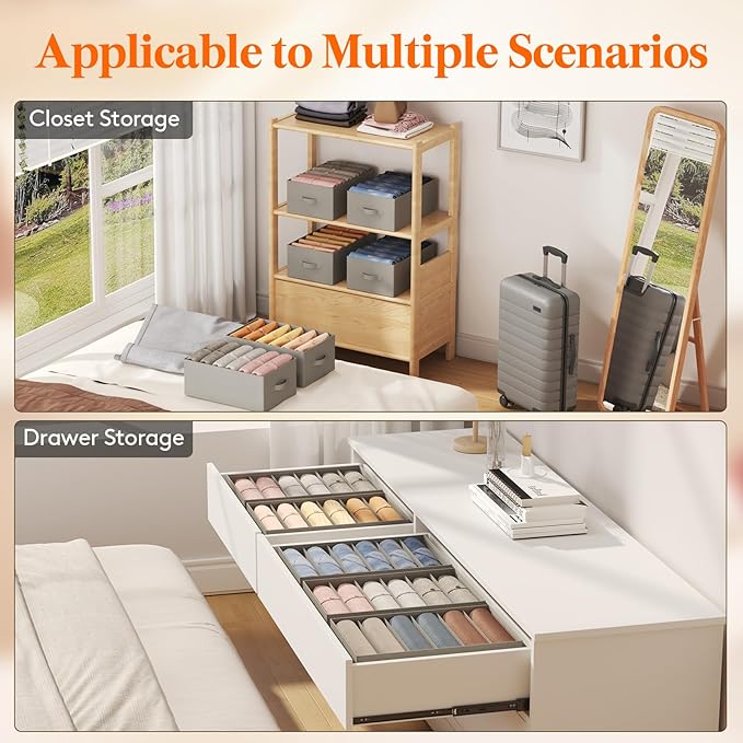Lifewit 6 Pack Clothes Organizer, 6 Grids Closet Jean Storage Bins with Handles and Support Boards, Foldable Drawer Organizer for Sweater, Pants, T-shirt, Dress, Grey, 42 x 27 x 17 cm/16x10x7''