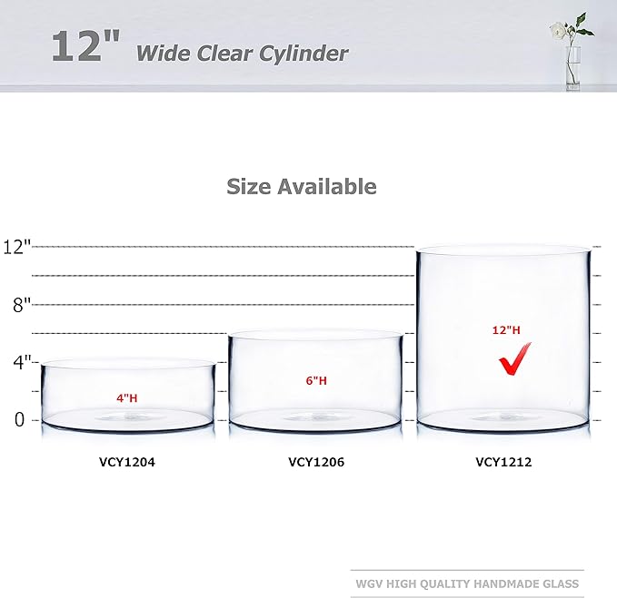 WGV Cylinder Vase, Width 12", Height 12", Clear Wide Large Diameter Flower Glassware, Floral Container, Planter Terrarium for Wedding Party Event, Home Accent Decor, 1 Piece