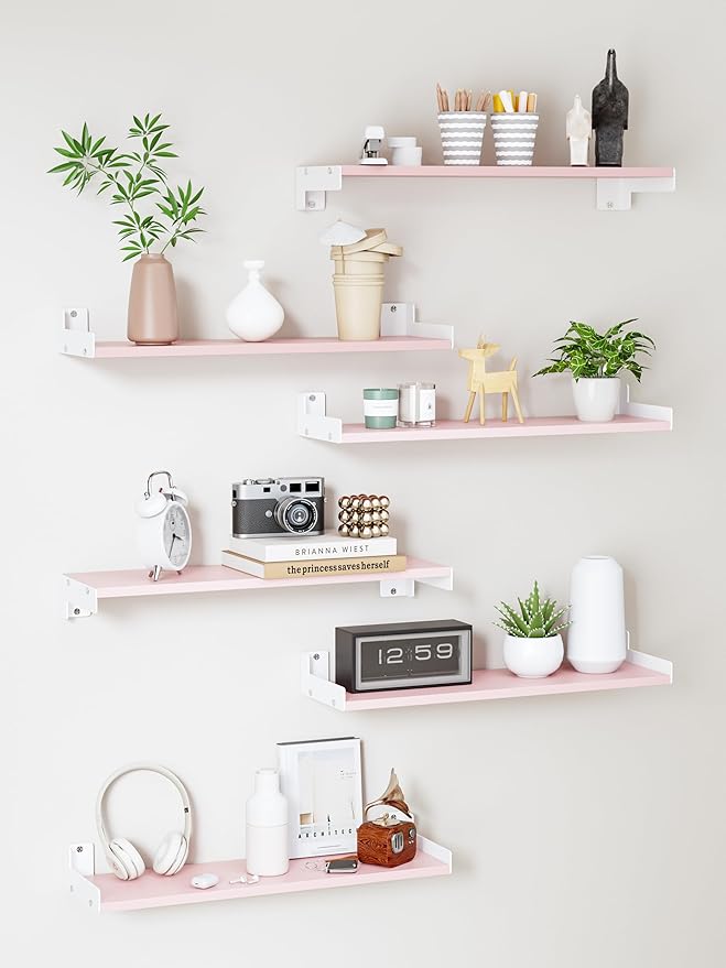 Floating Shelves for Wall, Shelves for Decor Storage Set of 6, Wall Mounted Wood Shelf for Bedroom, Living Room, Bathroom, Kitchen,Long Picture Ledge Shelves. (Pink)