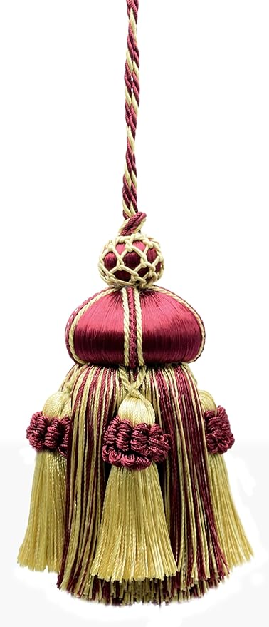 DÉCOPRO Elegant Hand-Crafted 4" (10cm) Key Tassel 3 1/2" (8.5cm) Loop Accented with Crown Tassels (KTAX4) Burgundy Gold Red Multicolor #1253 (Carmine Yellow Gold Dark Cherry) Individually Sold