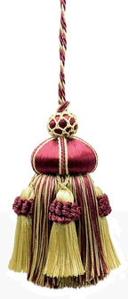 DÉCOPRO Elegant Hand-Crafted 4" (10cm) Key Tassel 3 1/2" (8.5cm) Loop Accented with Crown Tassels (KTAX4) Burgundy Gold Red Multicolor #1253 (Carmine Yellow Gold Dark Cherry) Individually Sold