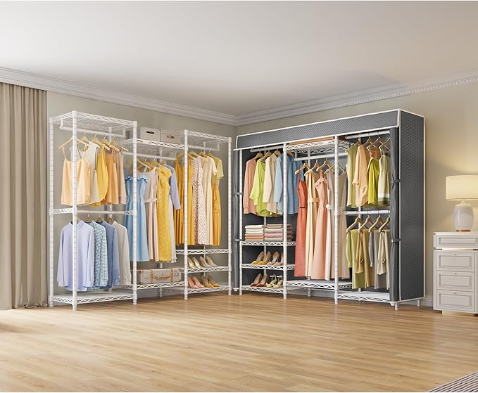 VIPEK V5C Medium Covered Clothes Rack Heavy Duty Portable Closet Wardrobe, Freestanding White Clothing Rack with Grey Upgarded Polyester Cover, Adjustable Custom Closet Rack, 56.7" Lx15.7 Wx76.4 H