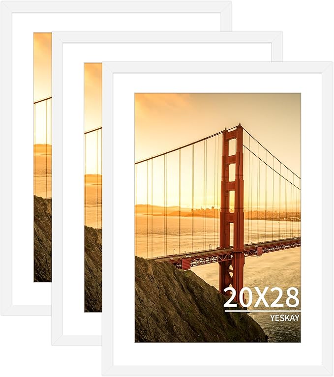 20x28 Picture Frame White Set of 3, Display Pictures 16x24 with Mat or 20 x 28 Without Mat, Poster Frames 20x28 for Wall Hanging Horizontal and Vertical
