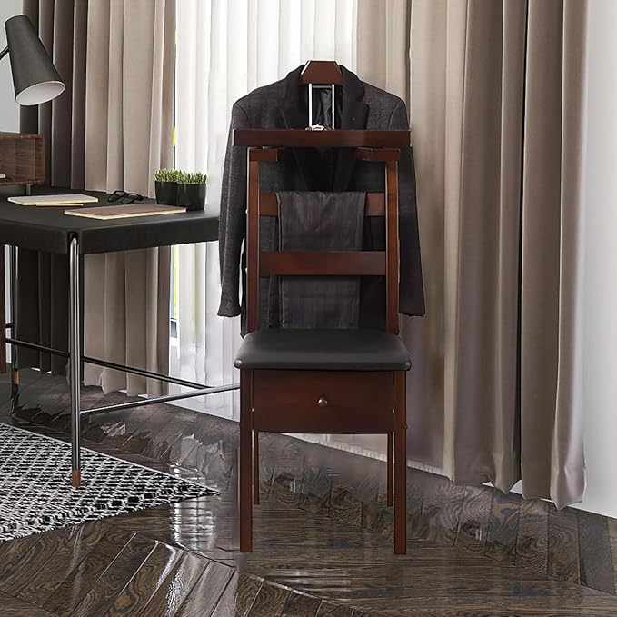 Wooden Valet Chair With Drawer Contour Hanger Mens Suit Valet Stand Clothes Butler Freestanding Clothes Rack For Men Women For Living Room Entryway Office
