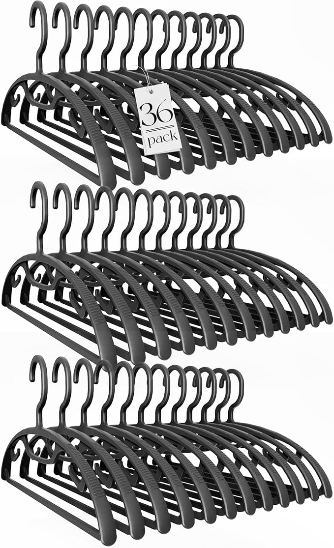 HOUSE DAY Plastic Clothes Hangers 36 Pack, Sweater Hangers No Shoulder Bump, Thick Heavy Duty Coat Hanger for Closet, Black Wide Hanger with Non-Slip Hook for Sweaters, Suits, Dresses, Jackets, Pants