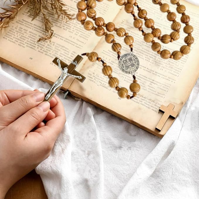 Bovemee Handmade Wooden Wall Cross with San Benito Medal, 42 Inch Large Crucifix, Big Brown Wood Rosary Beads Catholic Wall Decor Catholic Gifts
