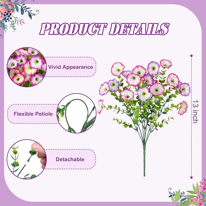 Artificial Flowers for Outdoor Spring Summer Decoration, 10 Bundles Fake Plastic Flower Plant, Faux Colorful Silk Morning Glory Eucalyptus for Outside Garden Porch Front Door Decor, Pink