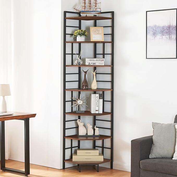 HOMISSUE Corner Shelf, 7 Tier Tall Narrow Bookshelf 82.6", Industrial Corner Bookcase with Storage for Home Office Living Room and Bedroom, Brown