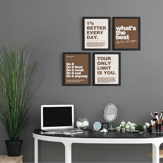 DSHFG Motivational Inspirational Office Wall Art Decor Prints Set of 4, Black Motivational Wall Decor Trendy Retro Posters for Office Home Decor, 8x10 Unframed (Brown)