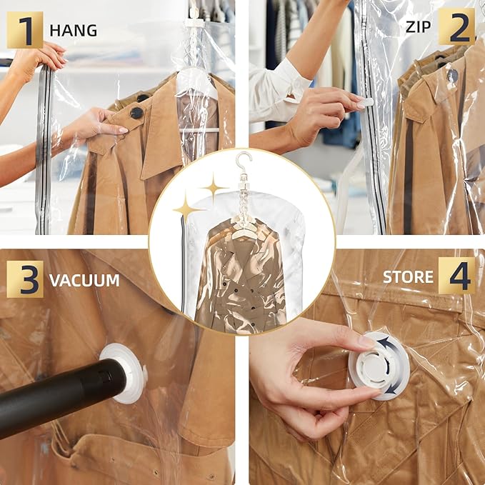 TAILI Hanging Vacuum Storage Bags, Space Saver Bags for Clothes Travel, Coats, Suits and Jackets, Clear, 6 Pack Short, 31 x 15 x 40 inches