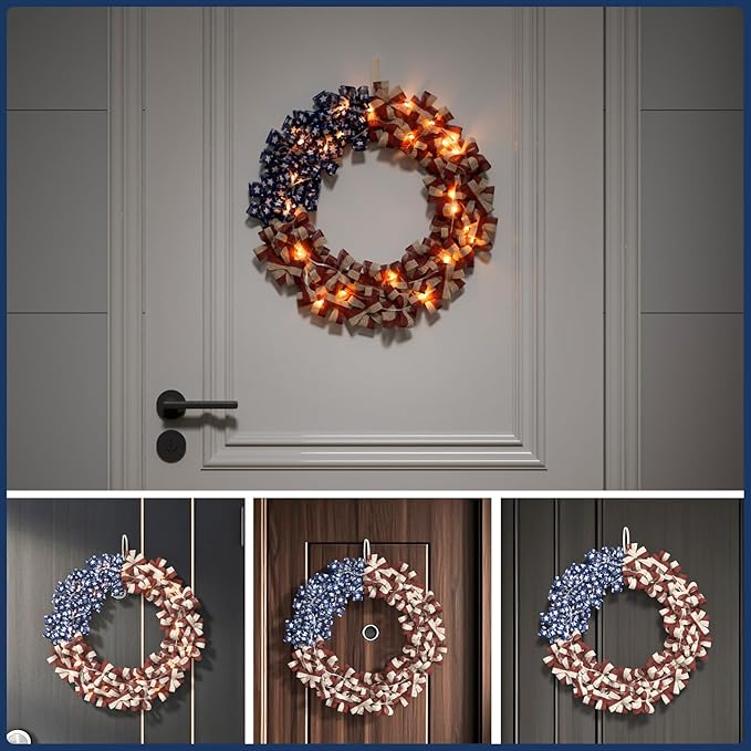 Patriotic Wreath 18 Inch American Flag Wreath for Front Door, Burlap Red White and Blue Decor with Stars Stripes and Timer-Equipped Light Strip for 4th of July Memorial Day Veterans Day