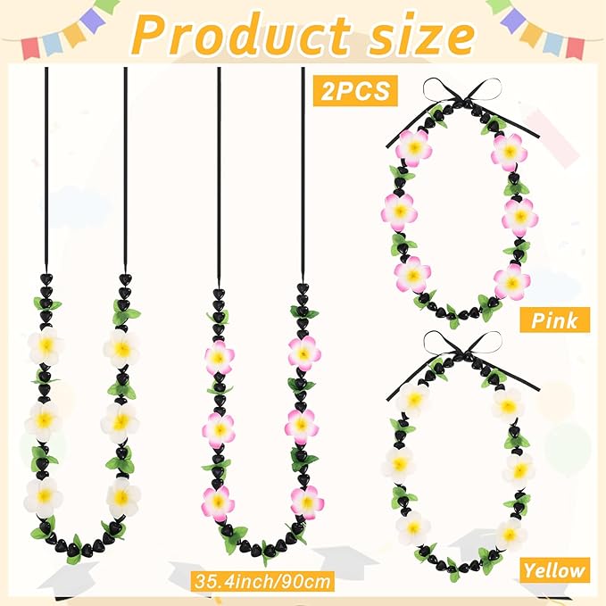 2 Pack 48 Inch Hawaiian Graduation Kukui Nut Money Lei 3D Artificial Plumeria Flower Tropical Hawaii Luau Wreaths for High School College 2026 Grad Party Accessories