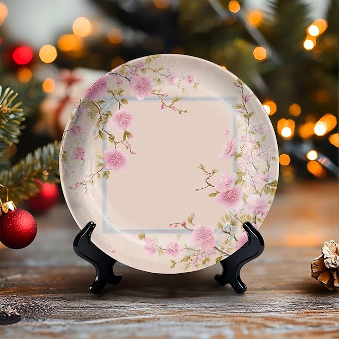 HABEN ARTWORK 8" Ceramic Plates for Display Delicate Pink Floral Frame Oriental Style Border Soft Pink Decorative Plate with Stand and Hook for Kitchen Dining Room Wall Hanging Decor